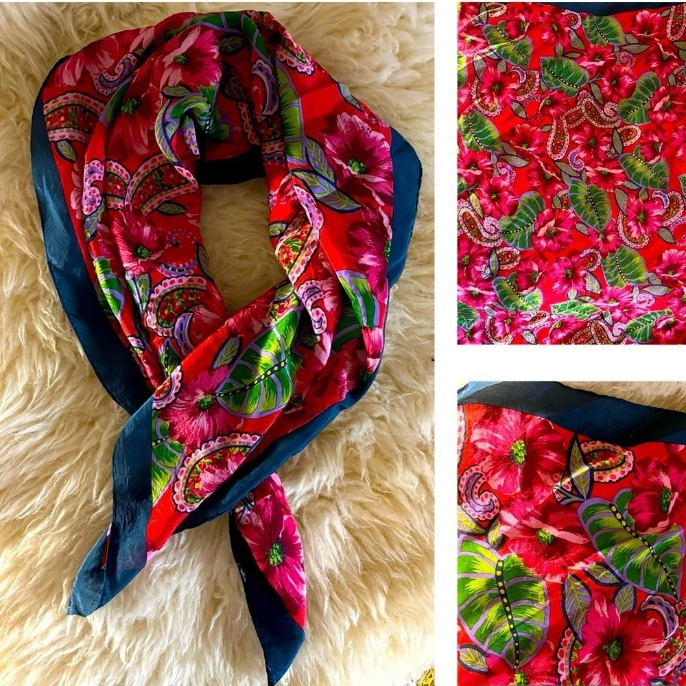 Silk Red/ Navy Hibiscus Palm Paisley Vintage Circa 80’s Scarf